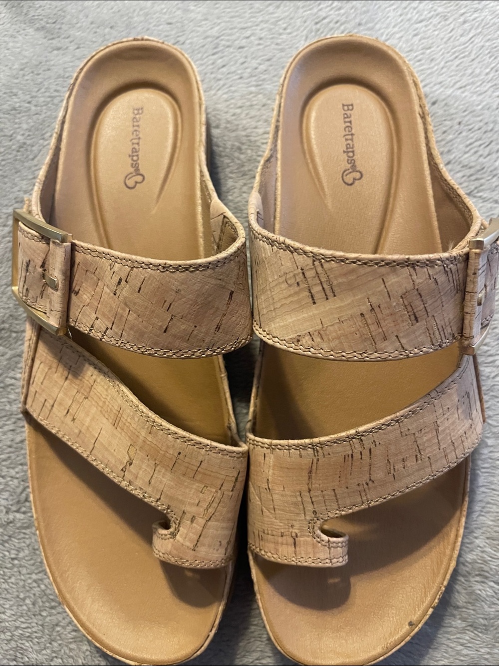 BareTraps Tan Cork-Textured Double Strap Slide Sandals